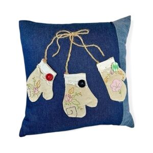 Hand Crafted Denim Pillow with Vintage Embroidered Mittens And Jute Applique‎